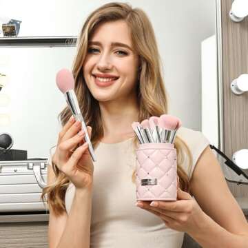 Bueart Design Elegant pink Ultra soft labeled Makeup Brushes Sets with Brush Holder makeup brush set with Foundation Powder blush blending contour Brush (15Pcs Silver Pink+Holder)