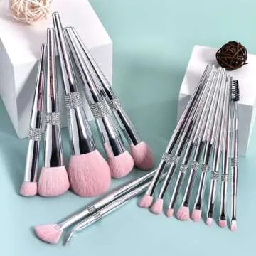 Bueart Design Elegant pink Ultra soft labeled Makeup Brushes Sets with Brush Holder makeup brush set with Foundation Powder blush blending contour Brush (15Pcs Silver Pink+Holder)