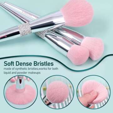 Bueart Design Elegant pink Ultra soft labeled Makeup Brushes Sets with Brush Holder makeup brush set with Foundation Powder blush blending contour Brush (15Pcs Silver Pink+Holder)