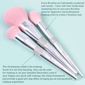 Bueart Design Elegant pink Ultra soft labeled Makeup Brushes Sets with Brush Holder makeup brush set with Foundation Powder blush blending contour Brush (15Pcs Silver Pink+Holder)