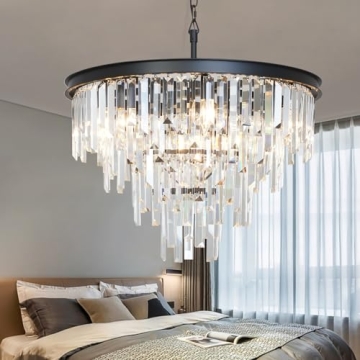 CHGUOSZ Black Top K9 Crystal Chandelier Modern Lighting Fixture, 9 Lights Round K9 Crystal Adjustabl...