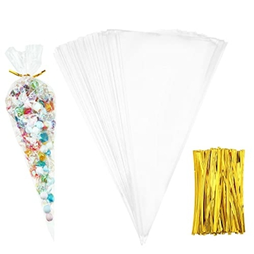 Outus 100 Pieces 7 x 12 inch Cello Cellophane Treat Bags Medium Transparent Cone Bags Cello Bags Swe...