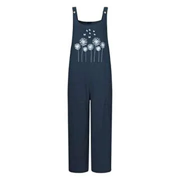 Celmia Women's Casual Loose Jumpsuits Button Strap Butterflies Flower Print Bib Overall with Pockets 03-Navy Medium