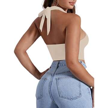 Remidoo Women's Sexy Sleeveless Deep V Neck Halter Sef Tie Backless Wrap Cami Crop Top Khaki Large
