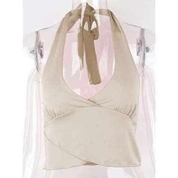 Remidoo Women's Sexy Sleeveless Deep V Neck Halter Sef Tie Backless Wrap Cami Crop Top Khaki Large