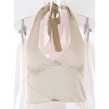 Remidoo Women's Sexy Sleeveless Deep V Neck Halter Sef Tie Backless Wrap Cami Crop Top Khaki Large