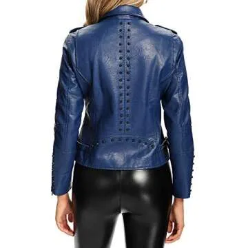 S P Y M Womens Faux Leather Jacket, Double Zip Up Coat, Moto Biker Outwear with Rivets, Regular and Plus Size