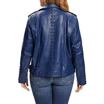 S P Y M Womens Faux Leather Jacket, Double Zip Up Coat, Moto Biker Outwear with Rivets, Regular and Plus Size