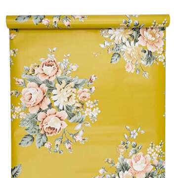 Yifely Vintage Peony Floral Shelving Paper Dark Yellow Peel & Stick Shelf Liner Dresser Drawer Sticker 17.7 Inch by 9.8 Feet