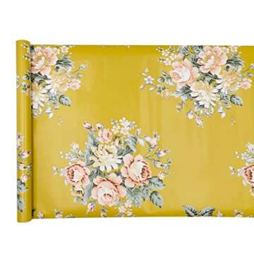 Yifely Vintage Peony Floral Shelving Paper Dark Yellow Peel & Stick Shelf Liner Dresser Drawer Sticker 17.7 Inch by 9.8 Feet