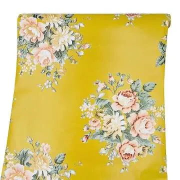 Yifely Vintage Peony Floral Shelving Paper Dark Yellow Peel & Stick Shelf Liner Dresser Drawer Sticker 17.7 Inch by 9.8 Feet
