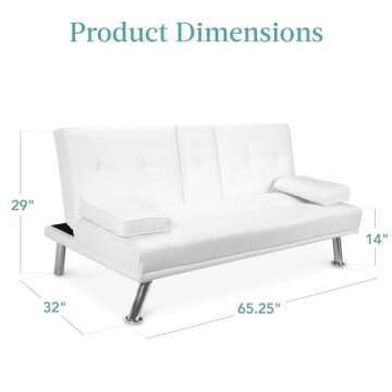 Best Choice Products Faux Leather Upholstered Modern Convertible Futon, Adjustable Folding Sofa Bed, Guest Bed w/Removable Armrests - White