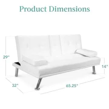 Best Choice Products Faux Leather Upholstered Modern Convertible Futon, Adjustable Folding Sofa Bed, Guest Bed w/Removable Armrests - White