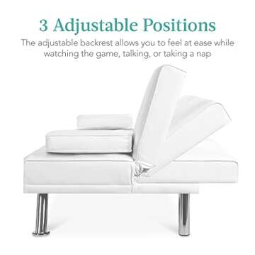 Best Choice Products Faux Leather Upholstered Modern Convertible Futon, Adjustable Folding Sofa Bed, Guest Bed w/Removable Armrests - White