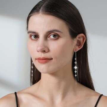 Threader Earrings for Women 925 Sterling Silver Plated Cubic Zirconia Long Dangle Drop Earrings for ...