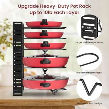 Podxco Pot and Pan Organizer for Under Cabinet, 8 Tiers Adjustable Pan Organizers Inside Cabinet wit...