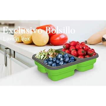 Exclusivo Bolsillo Foldable Bento Lunch Box (1pcs) for Women Men With Spork & Lid BPA Free,Collapsible and Leakproof Space Saving Food Storage Containers with 3 Compartments - Green