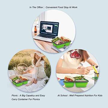 Exclusivo Bolsillo Foldable Bento Lunch Box (1pcs) for Women Men With Spork & Lid BPA Free,Collapsible and Leakproof Space Saving Food Storage Containers with 3 Compartments - Green
