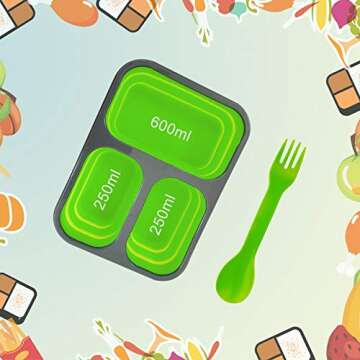 Exclusivo Bolsillo Foldable Bento Lunch Box (1pcs) for Women Men With Spork & Lid BPA Free,Collapsible and Leakproof Space Saving Food Storage Containers with 3 Compartments - Green