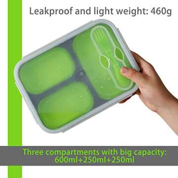Exclusivo Bolsillo Foldable Bento Lunch Box (1pcs) for Women Men With Spork & Lid BPA Free,Collapsible and Leakproof Space Saving Food Storage Containers with 3 Compartments - Green