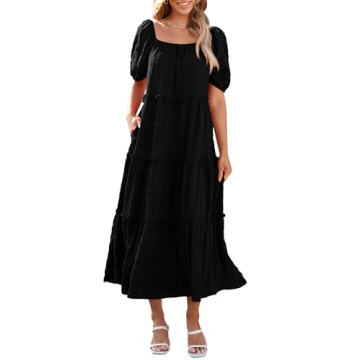 PRETTYGARDEN Summer Maxi Dresses for Women Short Sleeve Square Neck Ruffle Tiered Flowy Casual Boho ...