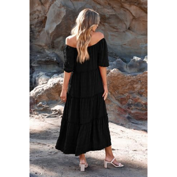 PRETTYGARDEN Summer Maxi Dresses for Women Short Sleeve Square Neck Ruffle Tiered Flowy Casual Boho Beach Long Dresses (Black,Large)