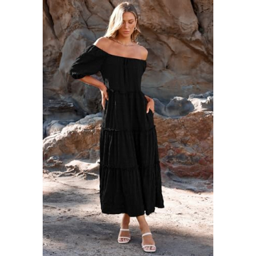 PRETTYGARDEN Summer Maxi Dresses for Women Short Sleeve Square Neck Ruffle Tiered Flowy Casual Boho Beach Long Dresses (Black,Large)