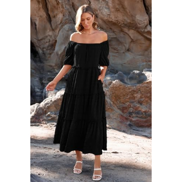 PRETTYGARDEN Summer Maxi Dresses for Women Short Sleeve Square Neck Ruffle Tiered Flowy Casual Boho Beach Long Dresses (Black,Large)