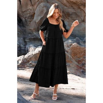 PRETTYGARDEN Summer Maxi Dresses for Women Short Sleeve Square Neck Ruffle Tiered Flowy Casual Boho Beach Long Dresses (Black,Large)