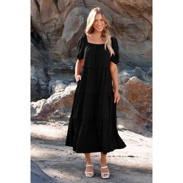 PRETTYGARDEN Summer Maxi Dresses for Women Short Sleeve Square Neck Ruffle Tiered Flowy Casual Boho Beach Long Dresses (Black,Large)