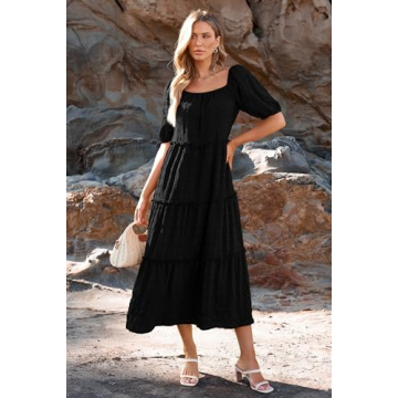 PRETTYGARDEN Summer Maxi Dresses for Women Short Sleeve Square Neck Ruffle Tiered Flowy Casual Boho Beach Long Dresses (Black,Large)