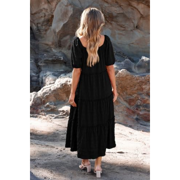 PRETTYGARDEN Summer Maxi Dresses for Women Short Sleeve Square Neck Ruffle Tiered Flowy Casual Boho Beach Long Dresses (Black,Large)