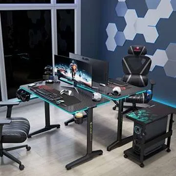 EUREKA ERGONOMIC RGB LED Gaming Desk - Versatile Workstation with 14 Fiber Light Modes