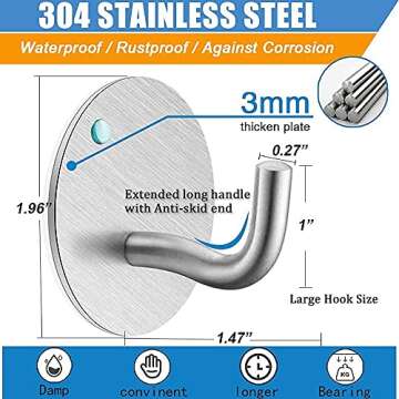 Heavy Duty Self Adhesive Hooks 8 Pack Bathroom Towel Hook without Nails Metal Sticky Hooks for Hanging Coat Clothes Shower Hat, Stick on Wall Closet Kitchen Hooks, Durable, Stainless Steel