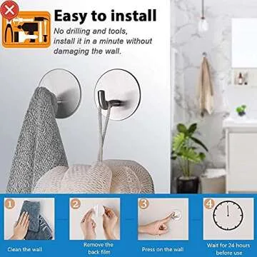 Heavy Duty Self Adhesive Hooks 8 Pack Bathroom Towel Hook without Nails Metal Sticky Hooks for Hanging Coat Clothes Shower Hat, Stick on Wall Closet Kitchen Hooks, Durable, Stainless Steel