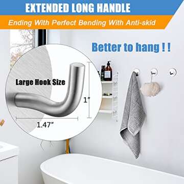 Heavy Duty Self Adhesive Hooks 8 Pack Bathroom Towel Hook without Nails Metal Sticky Hooks for Hanging Coat Clothes Shower Hat, Stick on Wall Closet Kitchen Hooks, Durable, Stainless Steel