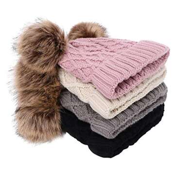 Simplicity women Beanie Hat Pom Pom Beanie Fleece Lined Winter Hat Grey White