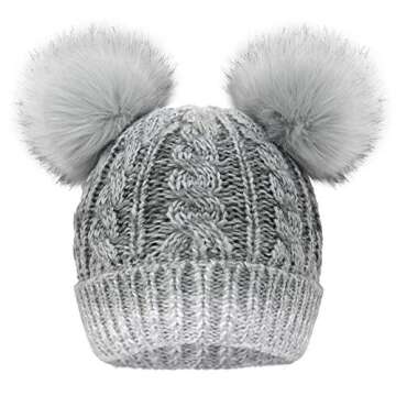 Simplicity women Beanie Hat Pom Pom Beanie Fleece Lined Winter Hat Grey White