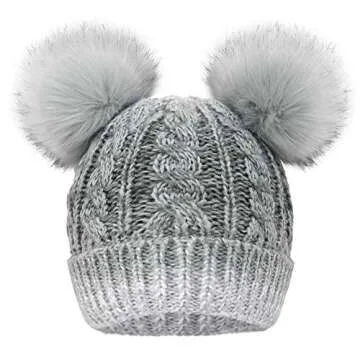 Simplicity women Beanie Hat Pom Pom Beanie Fleece Lined Winter Hat Grey White