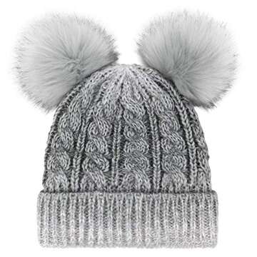 Simplicity women Beanie Hat Pom Pom Beanie Fleece Lined Winter Hat Grey White