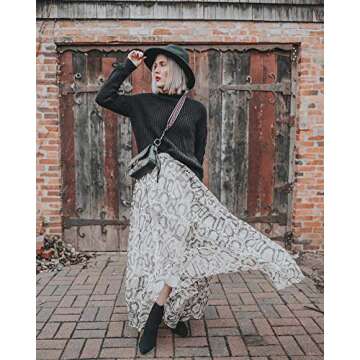 L'VOW Women's Elastic Leopard Print Watercolor Maxi Skirt High Waisted Dress Pleated Shirring (AC-White, M)