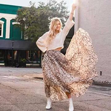 L'VOW Women's Elastic Leopard Print Watercolor Maxi Skirt High Waisted Dress Pleated Shirring (AC-White, M)