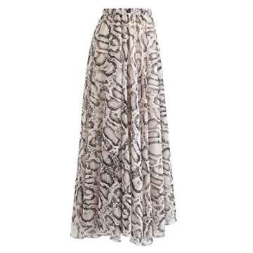 L'VOW Women's Elastic Leopard Print Watercolor Maxi Skirt High Waisted Dress Pleated Shirring (AC-White, M)