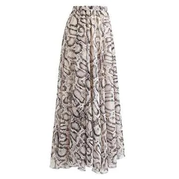L'VOW Women's Elastic Leopard Print Watercolor Maxi Skirt High Waisted Dress Pleated Shirring (AC-White, M)