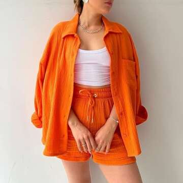PEHMEA Women's Two Piece Outfits Button Down Shirt and Elastic High Waisted Shorts Cotton Linen Set(Orange-S)