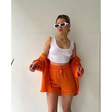 PEHMEA Women's Two Piece Outfits Button Down Shirt and Elastic High Waisted Shorts Cotton Linen Set(Orange-S)
