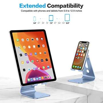OMOTON Adjustable Tablet Stand for Desk, Upgraded Longer Arms for Greater Stability, T2 Tablet Holder with Hollow Design for Bigger Sized Phones and Tablets Such as iPad Pro/Air/Mini, Blue