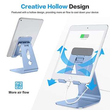 OMOTON Adjustable Tablet Stand for Desk, Upgraded Longer Arms for Greater Stability, T2 Tablet Holder with Hollow Design for Bigger Sized Phones and Tablets Such as iPad Pro/Air/Mini, Blue