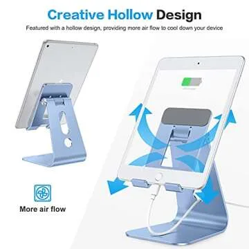 OMOTON Adjustable Tablet Stand for Desk, Upgraded Longer Arms for Greater Stability, T2 Tablet Holder with Hollow Design for Bigger Sized Phones and Tablets Such as iPad Pro/Air/Mini, Blue