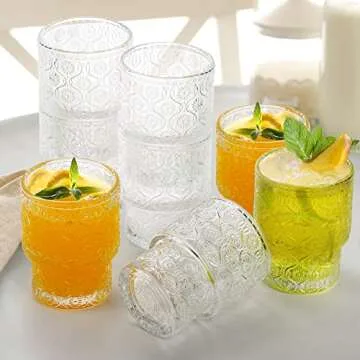 AVLA Vintage Drinking Glasses - 8 Pack with Embossed Design